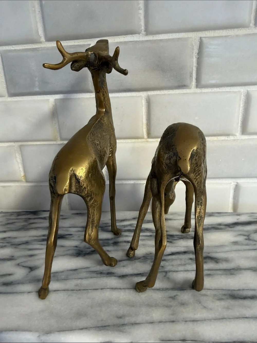 2 pc Brass Finish Deer Figurine Set - Gold Accent Home Decor